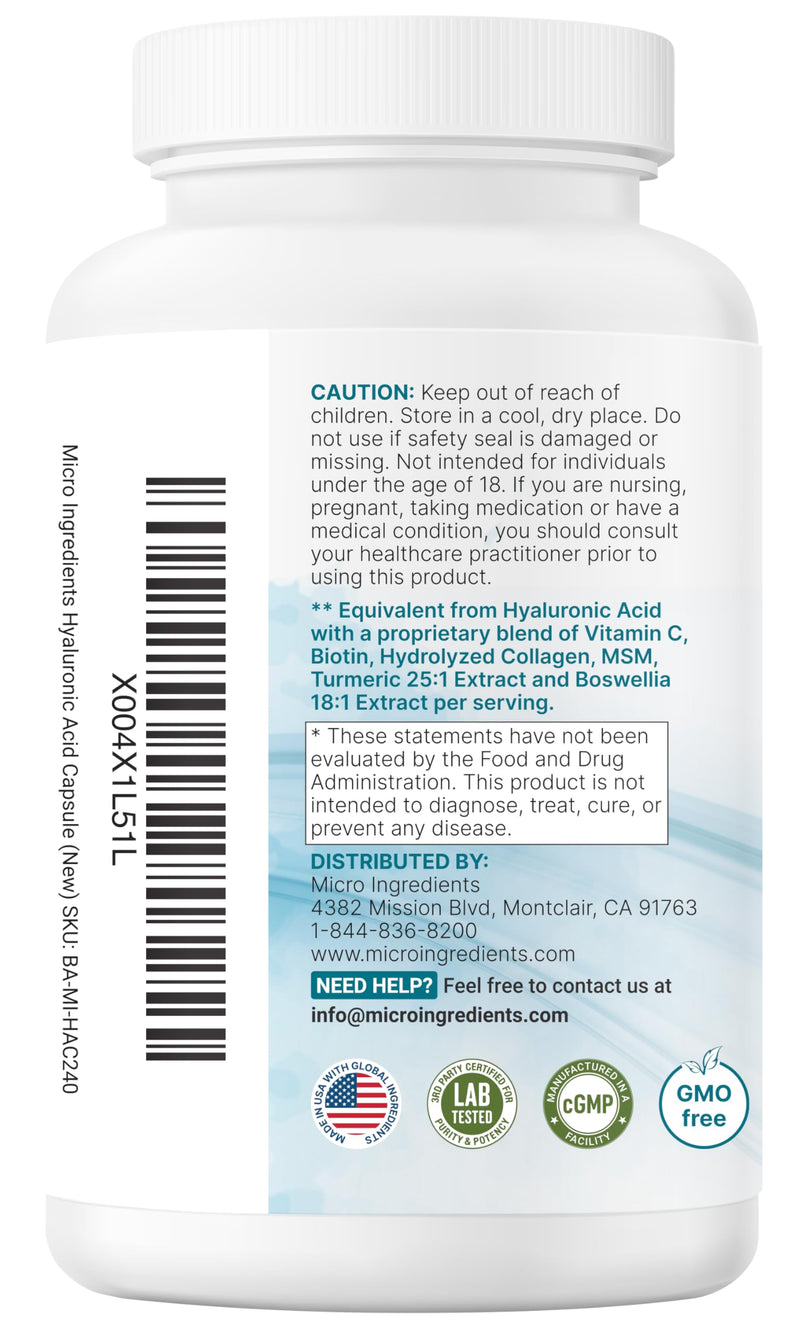 Hyaluronic Acid Complex 3000mg with Collagen & MSM, 240 Veg Capsules | Skin & Joint Support with Hyaluronic Acid, Collagen, Biotin, Vitamin C, Turmeric & Boswellia Extract | Non-GMO, Filler-Free**