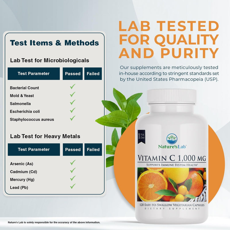 Nature's Lab Vitamin C 1000mg Per Capsule -Supports Immune System Health, 120 Count (Pack of 2) 120 Count (Pack of 2)