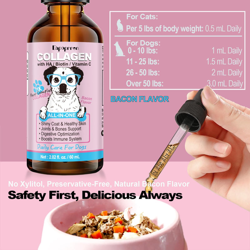 2PCS Collagen for Dogs,Daily Skin,Coat & Joint Support,Grass-Fed Peptides and Biotin,HA and Vitamin C|Bacon Flavour,60ml with Calibrated Dropper