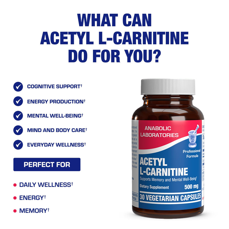 Acetyl L-Carnitine 500mg - High Potency L Carnitine Supplement for Nerve Brain Memory Energy and Focus Support - Vegetarian Non-GMO & Made in the USA in cGMP Facilities - 30 Servings