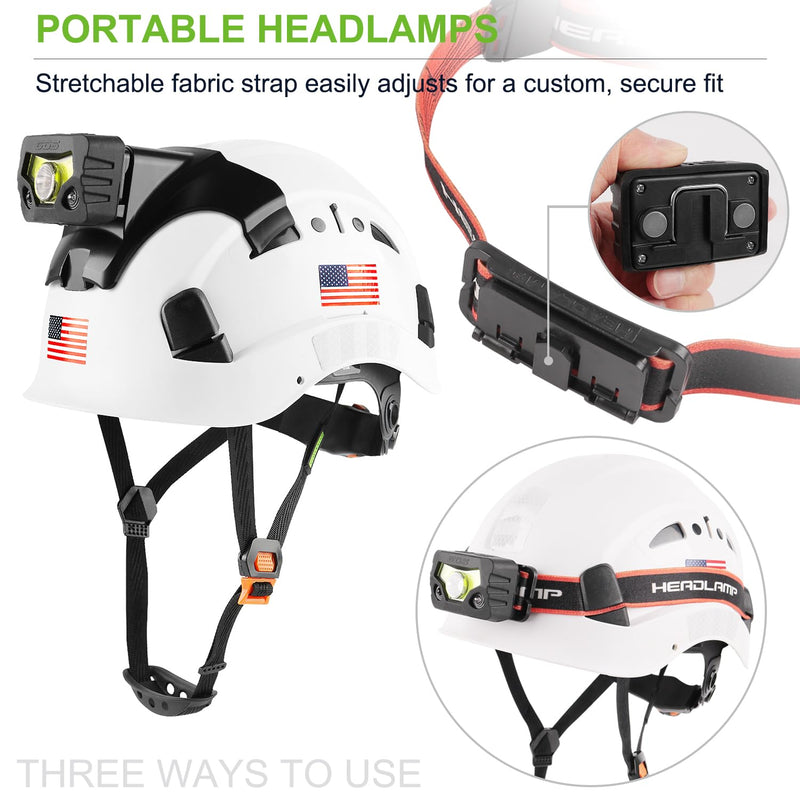 GREEN DEVIL Safety Hard Hat with Rechargeable Headlamp Light and Helmet Liner Chin Strap Men Vented Work Hardhats ANSI Z89.1 Approved Cascos de Construccion Ideal for Industrial Construction Forestry Replacement Headlamp