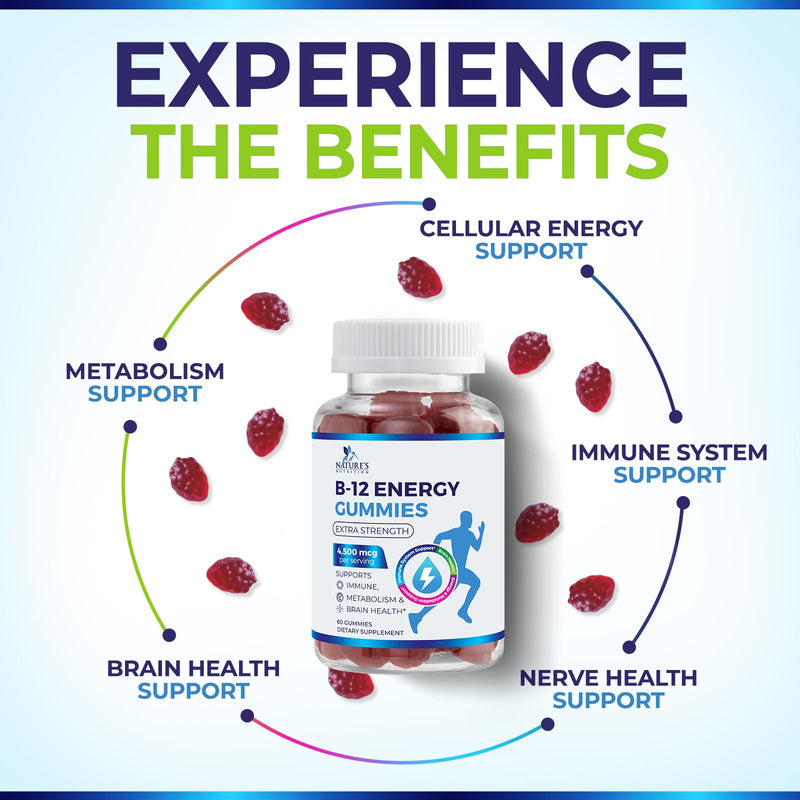 B12 Energy Gummies - 4500 mcg Vitamin B12 Per Serving - Extra Strength Chewable B12 Supplement for Energy, Metabolism & Immune Support - For Women, Men & Kids - Natural & Berry Flavored - 60 Gummies 60 Count (Pack of 1)