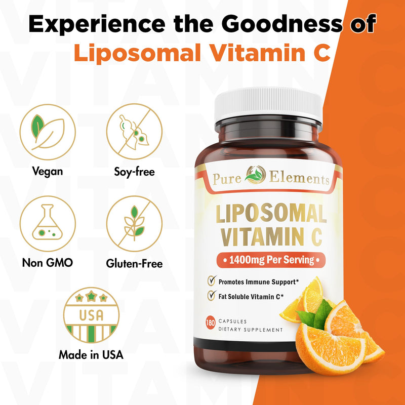 Pure O Elements Liposomal Vitamin C Capsules 180 Count High Absorption | Pure vitamin C, liposomal delivery, 1400 mg - non-GMO, soy free, gluten free, 180 capsules for daily antioxidant support.