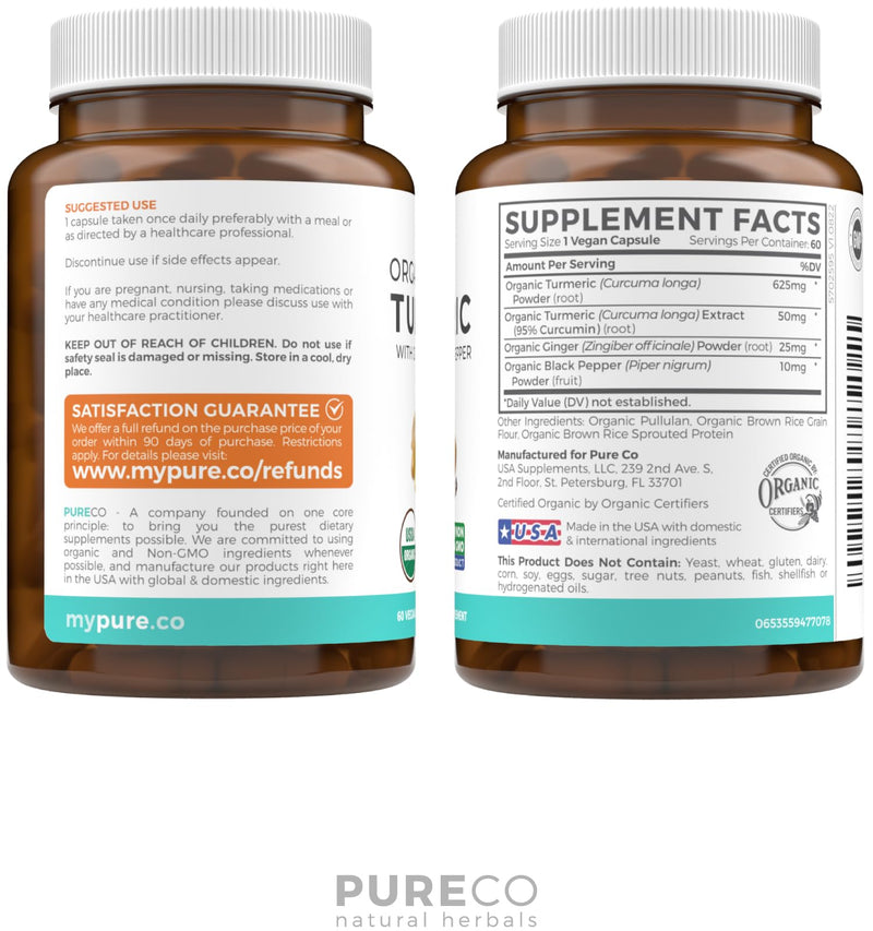 USDA Organic Turmeric Curcumin with Black Pepper and Ginger (2 Month Supply) Joint Support Supplement with Tumeric and Ginger Root Powder - Organic Turmeric Supplement - 60 Vegan Capsules (No Pills) 60 Count (Pack of 1) - BeesActive Australia