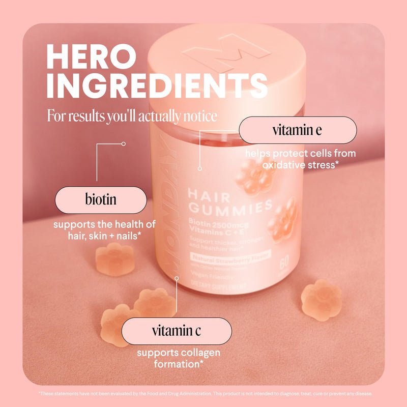 MONDAY HAIRCARE Hair Gummies with 2500 mcg Biotin, Vitamin C & Vitiman E for Thicker, Stronger and Healthier Hair 60ct
