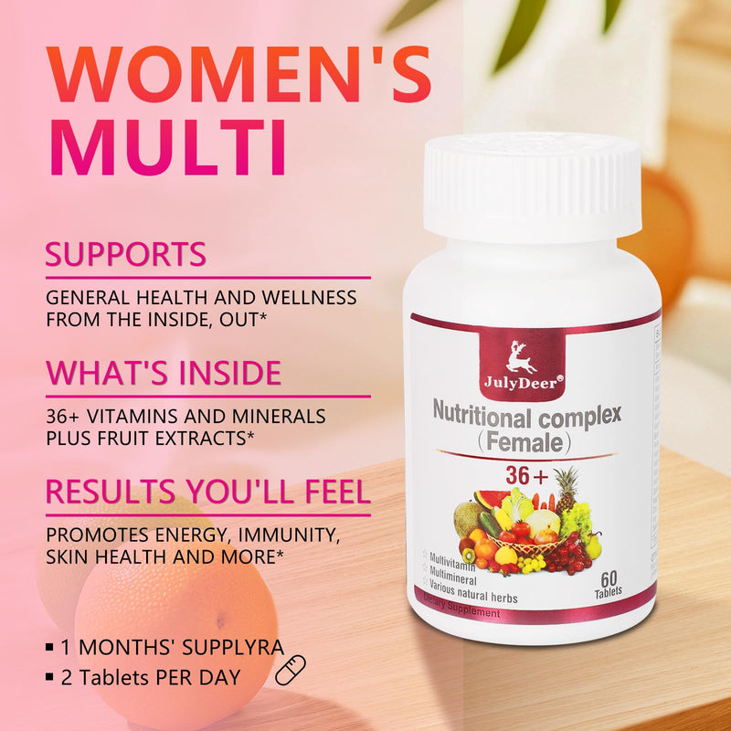 JulyDeer Multivitamin for Women 60 Tablets Complete Multimineral & Vitamin | A, C, D, E and B-Complex, Zinc & More for Lady Immunity, Hair, Skin & Nails, Digestion + Vegetarian ( 60 Count Pack of 2) 2 Bottles