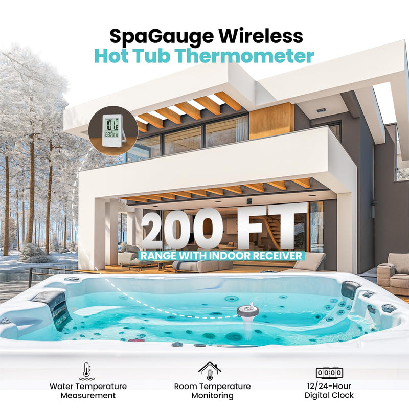 Pure55 SpaGauge Wireless Hot Tub Thermometer w/Batteries - IPX7 Waterproof Pool Thermometer - Floating, Easy-Read Digital Temperature Gauge w/Indoor Display - Ideal for Outdoor Ponds, Swimming Pools White Spa