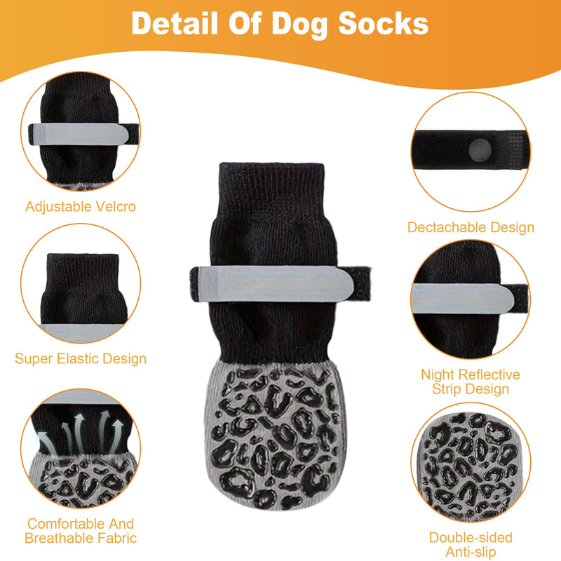 Double Side Non Slip Dog Socks to Prevent Licking Paws, Dog Shoes for Winter Cold Hot Pavement Dog Booties, Night Reflection Paw Protectors for Hardwood Floors Traction Control Indoor 4 pack of Black Socks with Leopard anti-slip strip - BeesActive Australia