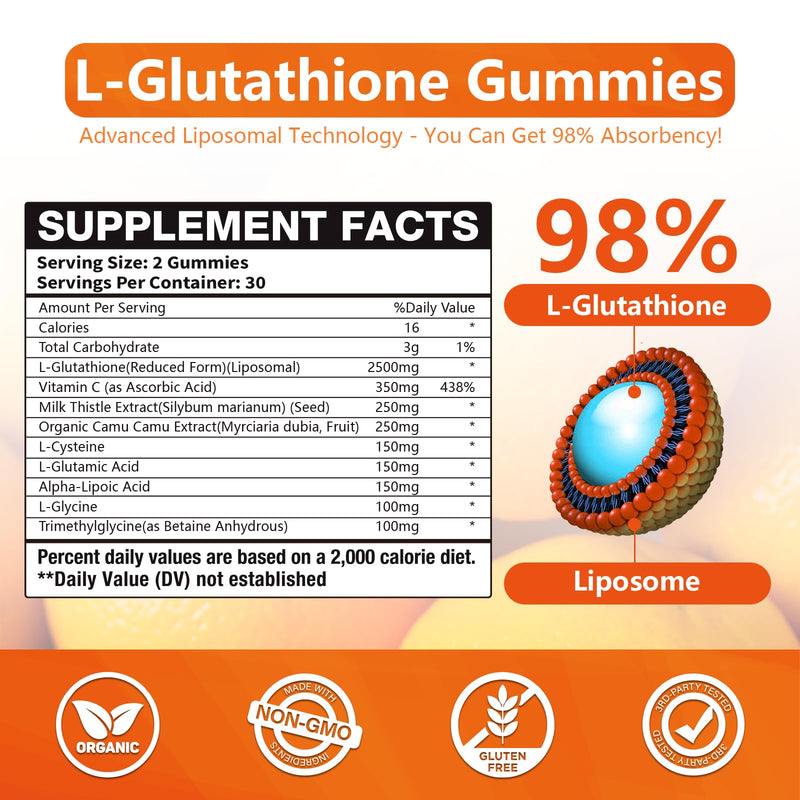 2 Packs 2500MG Liposome Glutathione Gummies, Composite L-Cysteine, Collocation Milk Thistle, Increas 98% Absorption Rate, Antioxidant Anti-Aginga 60 Count (Pack of 2)