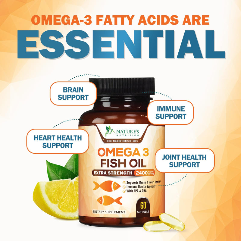Omega 3 Fish Oil Supplements - 2400mg Fish Oil Per Serving - Triple Strength Omega-3 with EPA & DHA Fatty Acids - Natural Heart, Brain & Immune Support - Wild Caught, Bottled in USA - 60 Softgels 60 Count (Pack of 1)