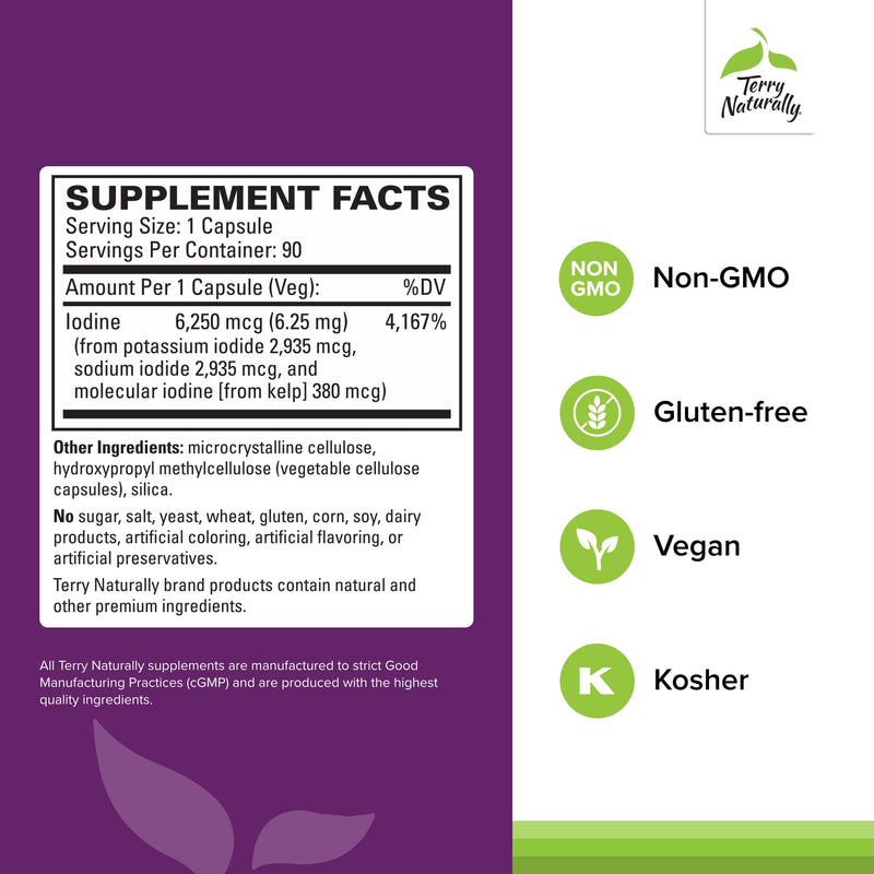 Terry Naturally Tri-Iodine - Support Thyroid Health - Aids Hormone Balance with Molecular Iodine from Kelp - Features Potassium Iodide & Sodium Iodide - Brain & Energy Support - 6.25mg, 90 Capsules Unflavored 90 Count (Pack of 1) - BeesActive Australia