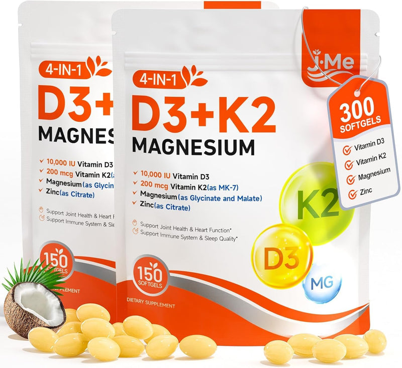 JME Core Vitamin D3 K2 10,000 IU Magnesium Supplement– Bone & Vascular Health Support - Immune Function Support* with D3 and K2 (MK-7), Magnesium Glycinate & Malate, Zinc Citrate -300 Softgels 150 Count (Pack of 2)