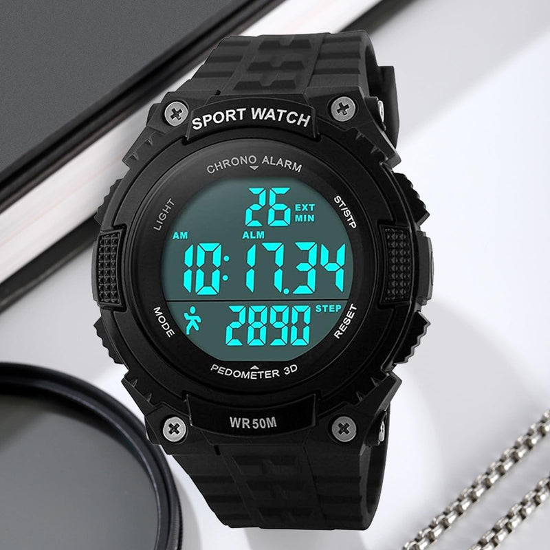 FANMIS Men Pedometer Watches Military Multifunctional 50M Waterproof Digital Outdoor Sports Watch Black