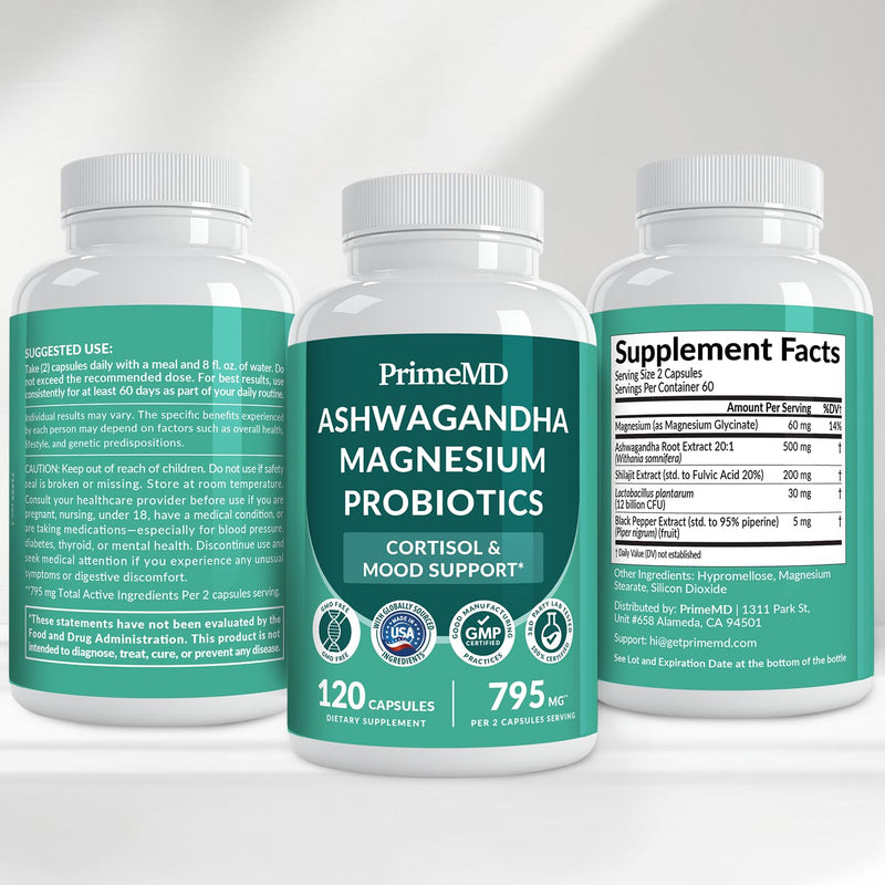 5-in-1 Cortisol Supplement for Women and Men with Ashwagandha for Calmness, Focus, and Adrenal Support Supplements with Shilajit Extract, Magnesium Glycinate, Probiotics (120 ct) (Pack of 2) | Calmness, Focus and Stress Support, Ashwagandha with Shilaj...