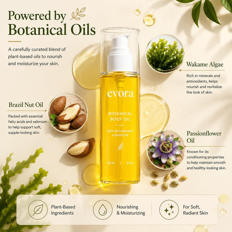 TRICK Evora Botanical Body Oil for Crepey Skin & Aging Skin, Firming Body Oil with Wakame Algae, Brazil Nut Oil & Vitamin E, Fast Absorbing Moisturizing Body Oil for Dry Skin, Non-Greasy, 4 Fl Oz