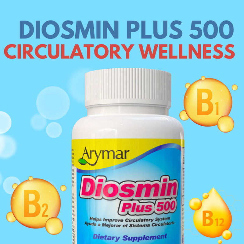 Arymar Diosmin 500mg with Vitamin B-Complex: Circulatory Formula for Leg Vein Integrity and Normal Blood Flow, Vascular Health and Microcirculation, 60 Capsules