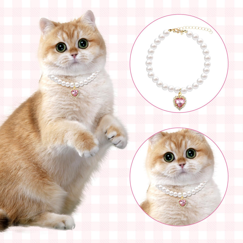 2 Pcs Cat Dog Pearl Necklace Small Heart Shape Rhinestone Pet Collar Adjustable Dog Collar Wedding Party Pet Jewelry Accessories for Cats Puppy Small Dogs (Pink, White) - BeesActive Australia