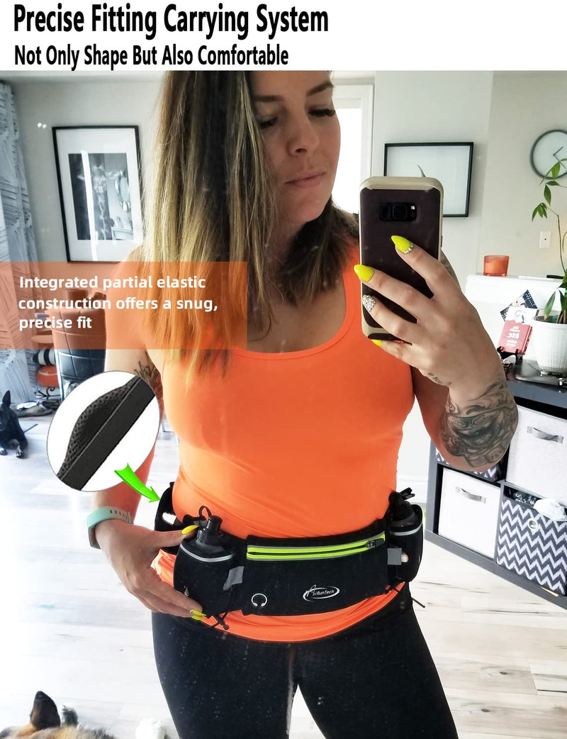 AiRunTech Hydration Running Belt with Water Bottle, Running Fanny Pack for Phone and Wallet Holder, Running Bag Runners Essentials Accessories Marathon Triathlon Walking Jogging Gear Gift BK+GN 2*6 OZ bottles - BeesActive Australia