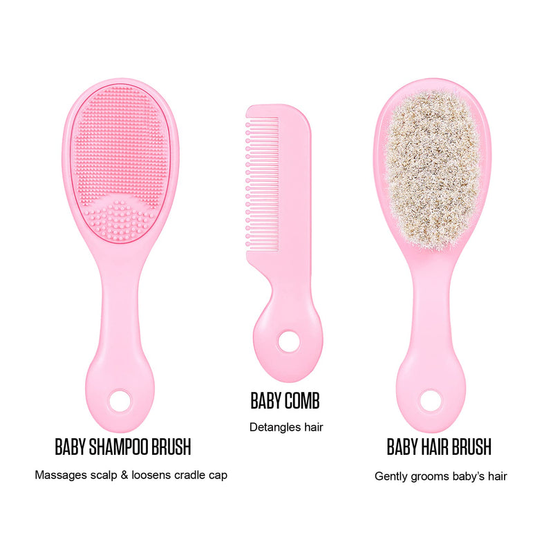 3 Piece Baby Hair Brush and Comb Set for Newborns and Toddlers (Pink)