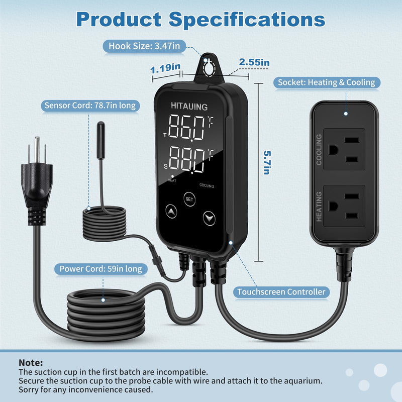 HiTauing Digital Temperature Controller, Aquarium Heater Reptile Thermostat Heating and Cooling Dual Outlet with Seawater-Resistant Probe for Fish Tanks, Reptile Tanks, Greenhouse & Seedling Mat S10B