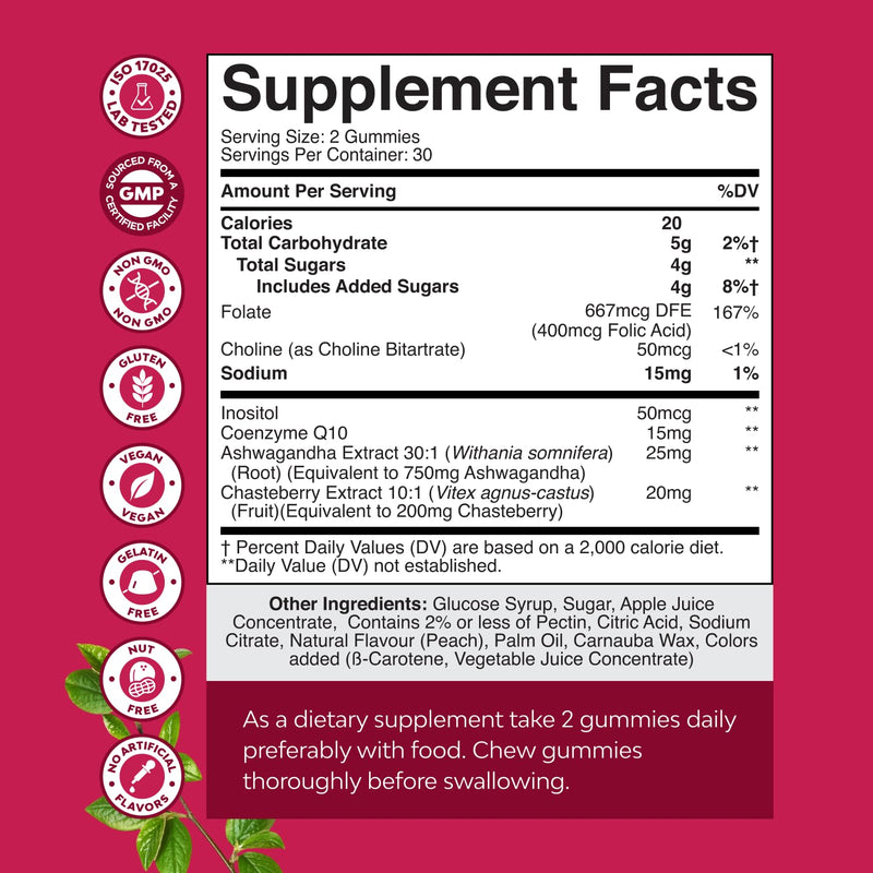 Fertility Gummies for Women Trying to Conceive - Yummy Gummy Fertility Supplement for Women with Myo-Inositol Folic Acid & Vitex Chasteberry - Vegan Non-GMO & Gluten Free - Juicy Peach - 60 Count 60 Count (Pack of 1) - BeesActive Australia