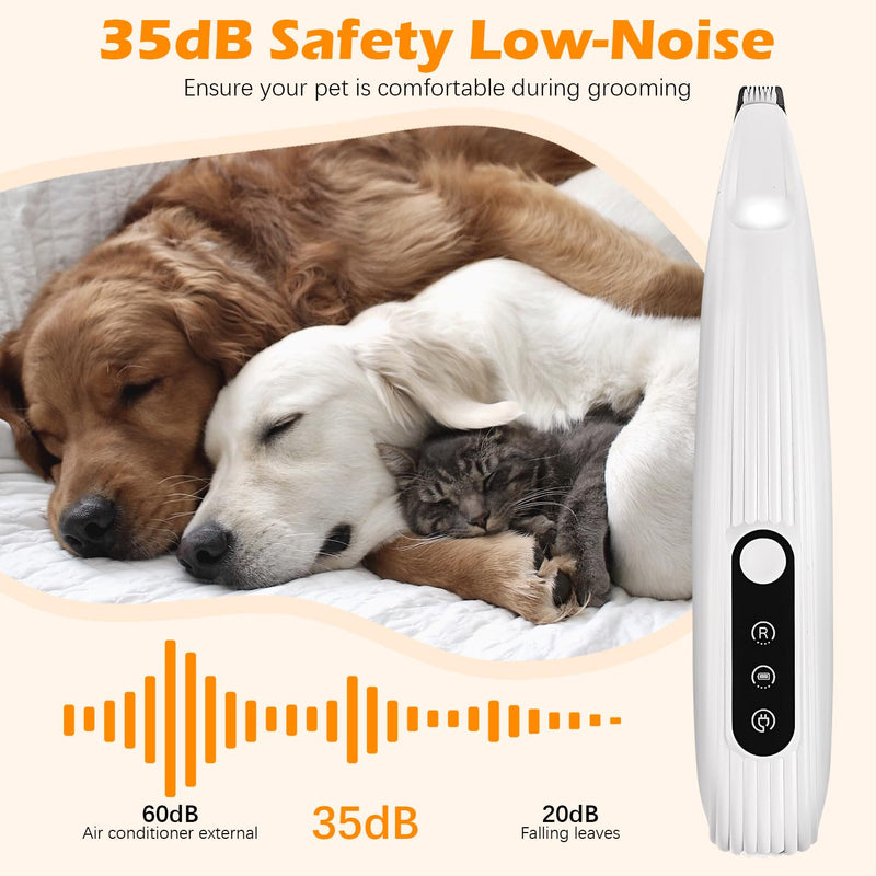 Dog Paw Trimmer with LED Light, 2025 Upgrades Pet Micro Exquisite Trimmer for Dogs Grooming Clippers, 35dB Low Noise Paws Clipper for Dogs and Cats Trimming Paws, Eyes, Ears, Face, and Rump (White) White - BeesActive Australia