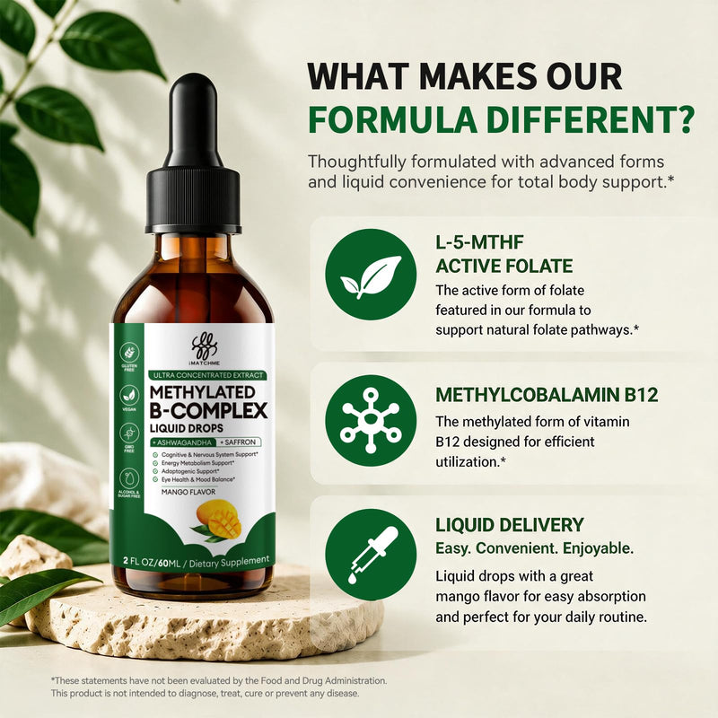 Methylated B Complex Liquid Drops for Energy & Focus Support, 2 Fl Oz | Active B Vitamins with L-5-MTHF Folate, Methylcobalamin B12 & B6, Vegan Mango Flavor 2 Fl Oz (Pack of 1)