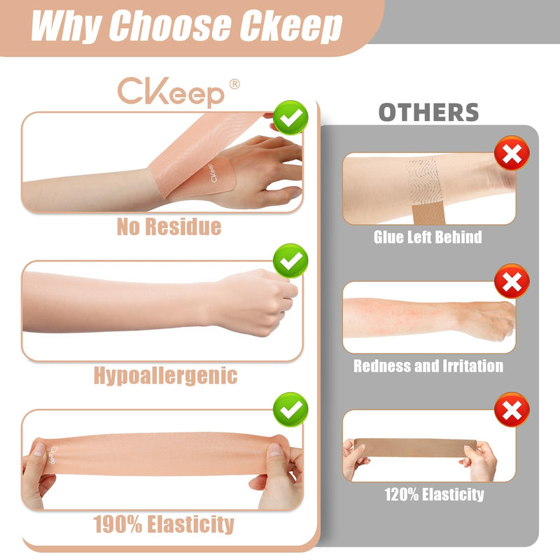 CKeep 4 Rolls Kinesiology Tape, Original Cotton Elastic Athletic Tape, 20 Precut 10" Strips Each, Beige, Ideal for Muscle Support & Injury Prevention - BeesActive Australia