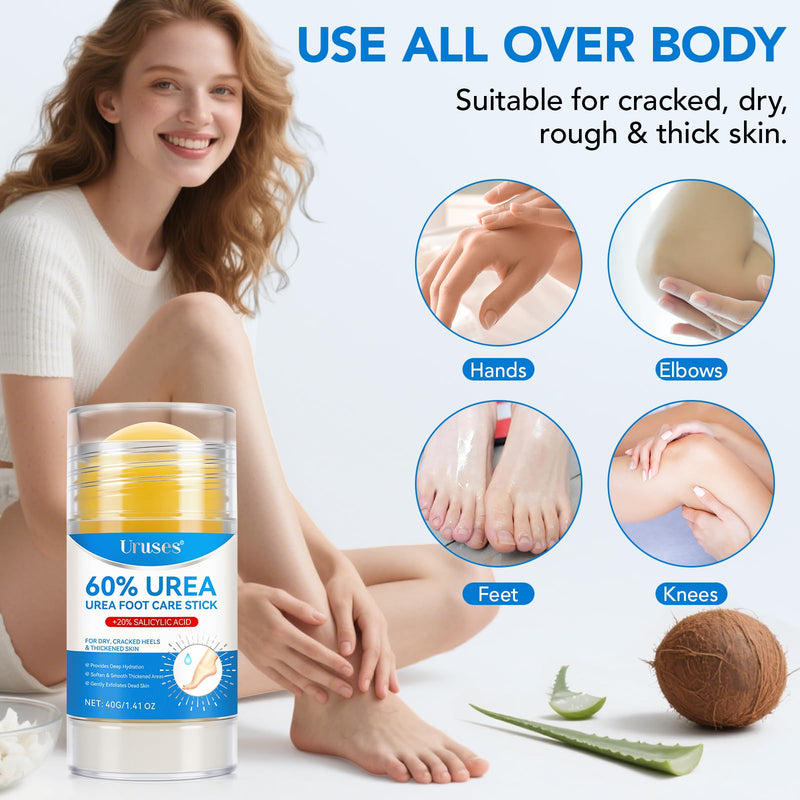 Uruses 2Pack Urea Cream 60% plus Salicylic Acid 2% Urea Foot Care Stick,Foot Cream for Foot Callus Remover, Feet Moisturizer Stick for Dry Cracked Heels, Hands, Knees,Hydrating Heel Balm, Easy To Use 1.41 Fl Oz (Pack of 2)