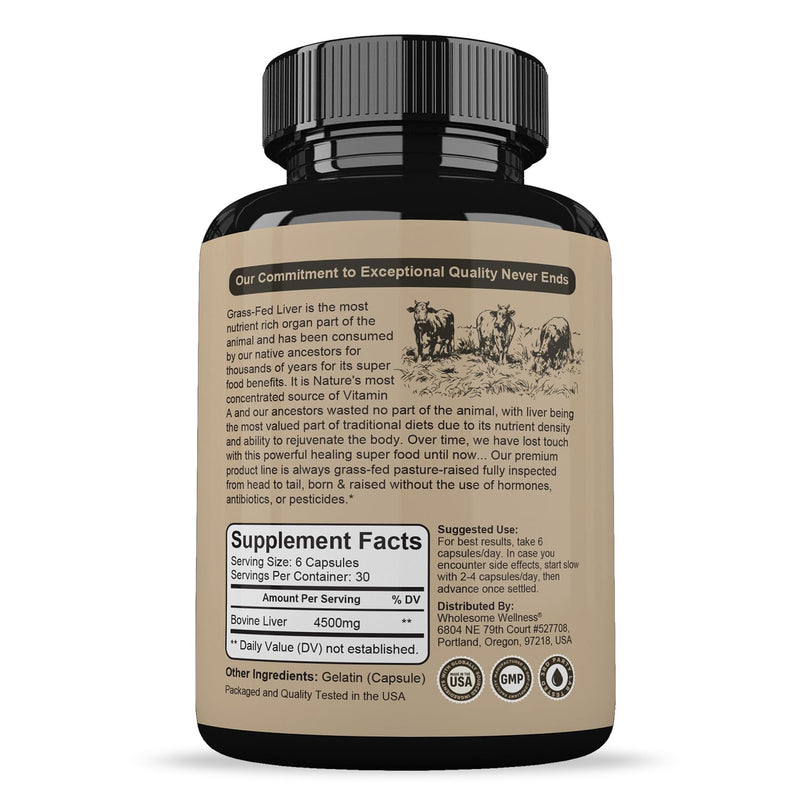 Wholesome Wellness Grass Fed Desiccated Beef Liver Capsules (180 Pills, 750mg Each) - Natural Iron, Vitamin A, B12 for Energy - Raised Undefatted in New Zealand Without Hormones or Chemicals - BeesActive Australia