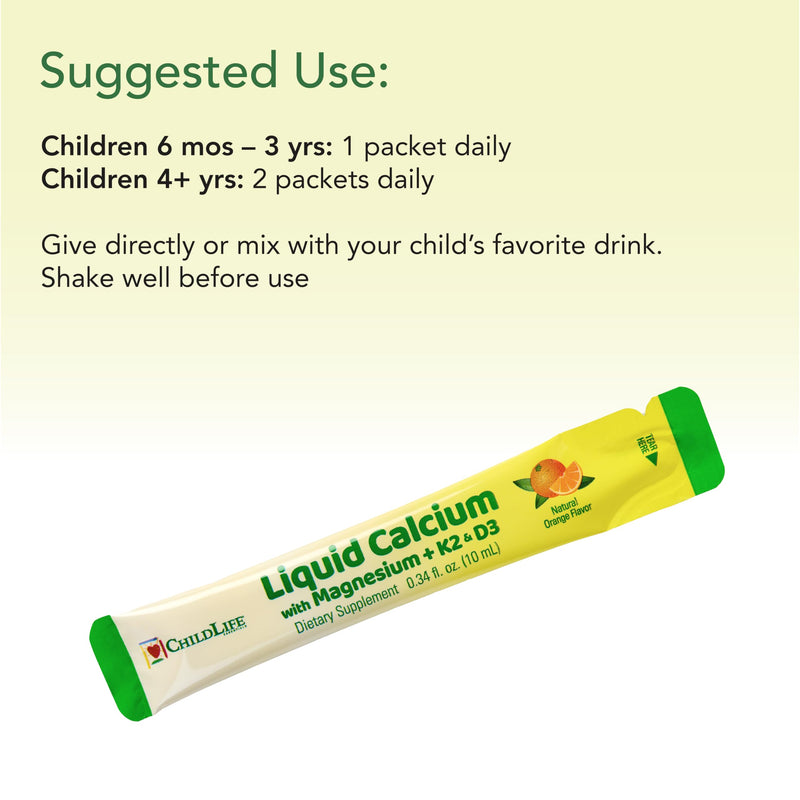 ChildLife Essentials Liquid Calcium for Kids, 0.34 fl Oz (30 Stick Packs) | Single Serve, Baby Calcium, Magnesium, Vitamin D 3, K 2, Zinc, Bone Support & Nutrition, Orange Flavor Supplement