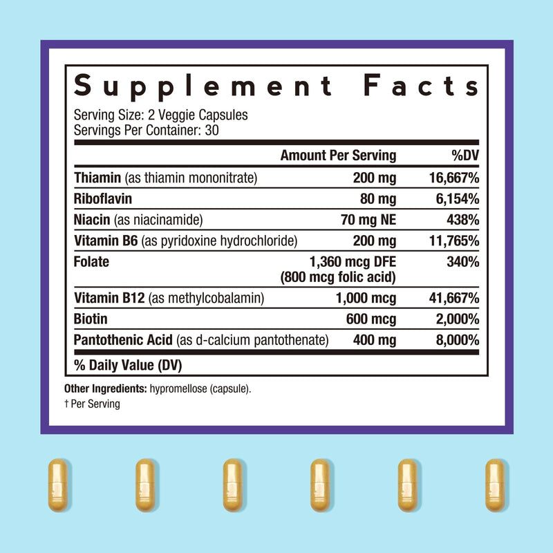 Doctor's Recipes Ultra B Complex Vitamins for Women and Men, with Methylated B12 1000mcg, B6, B1, Folic Acid, for Energy Metabolism, Nerve & Mood Support, Vegan, 60 Capsules, 30 Day Supply