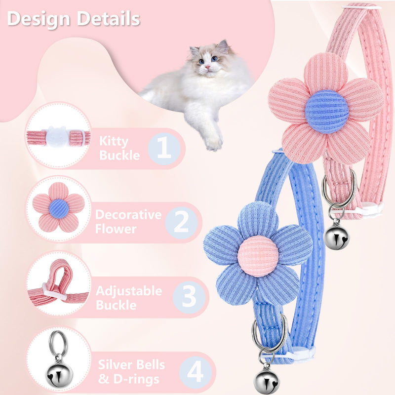 Cat Collar, HANSHILAI Kitten Collar with Bells, Cat Collar Breakaway, Cute Cat Collar for Girl Boy with Flower,Collar para Gatos (2 Pack) (Blue & Pink) Blue & Pink - BeesActive Australia
