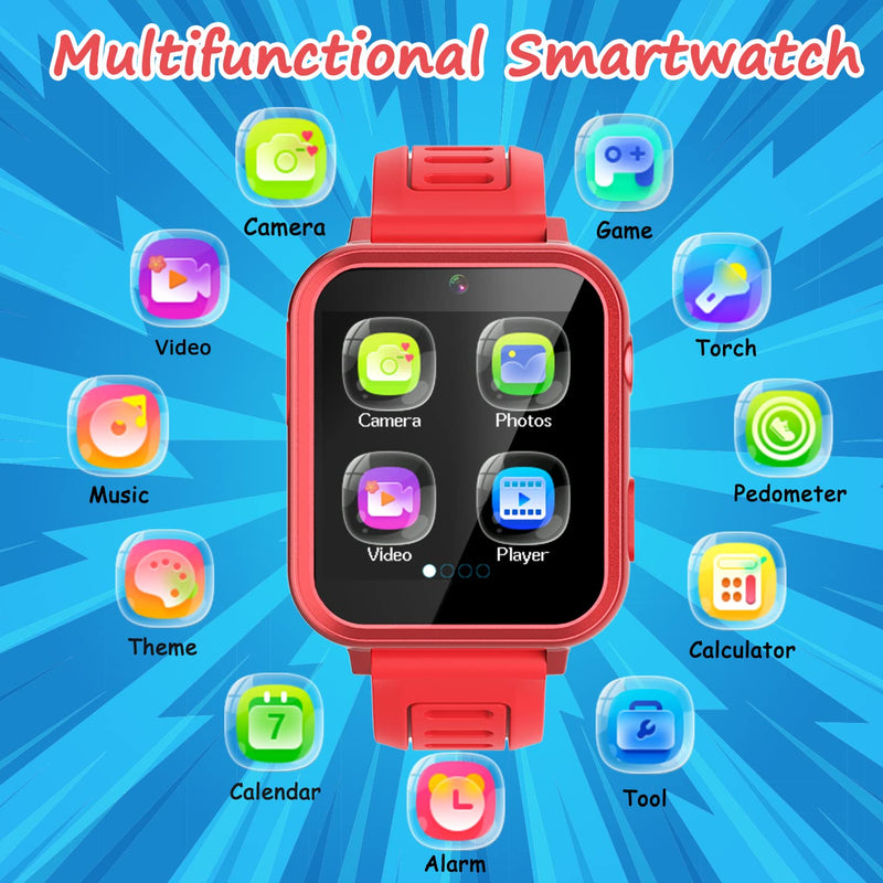 Wiszodet Smart Watch for Kids - Kids Smart Watch Girls Boys Gifts for 4-12 Years Old with 24 Games Camera Video Music Player Flashlight Alarm Clock Pedometer Birthday for Boys Girls Age 6 7 8 9 Red