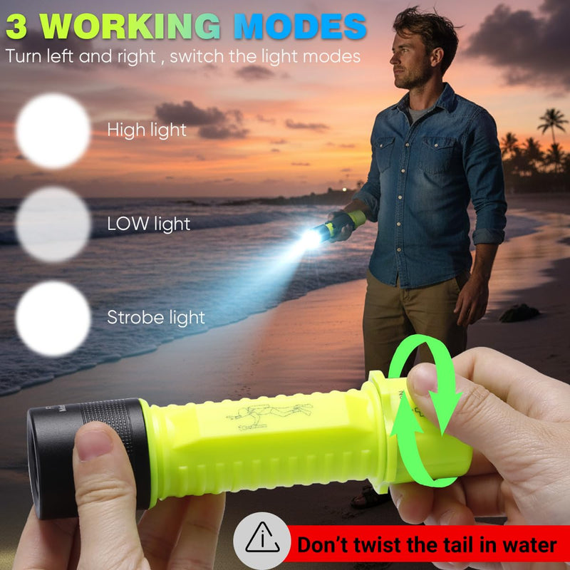 2 Pack IPX8 Waterproof Diving Flashlight Rechargeable Scuba Dive Light with 3 Modes for Scuba Diving, Snorkeling, Fishing, Emergency for Divers, Outdoor Enthusiasts Black