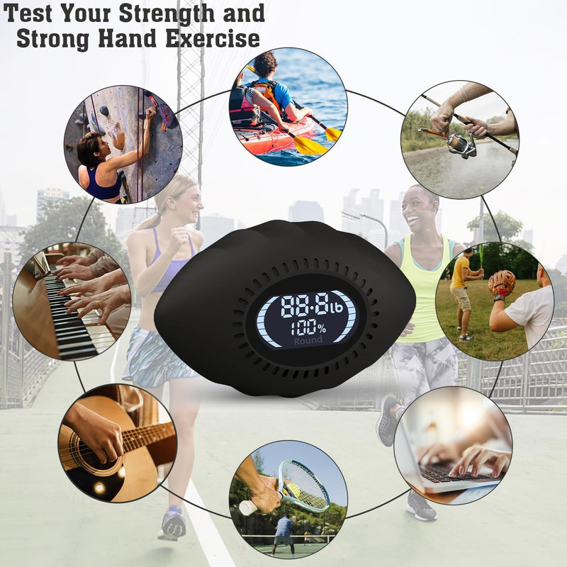 Digital Stress Relief Grip Ball for Adults & Kids, Grip Strength Tester, Hand Strength Gripper up to 220lbs, Forearm Strengthener with Progress Bars & Cheer Sound, Fitness Gift Black