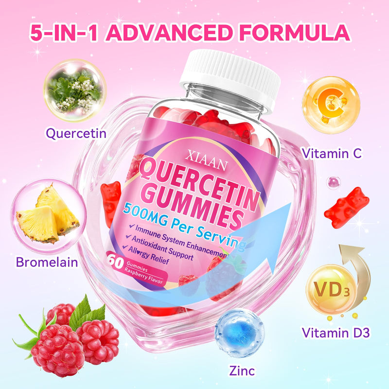 Quercetin Gummies 500mg for Kids & Adults, Organic Quercetin Supplements with Bromelain Zinc Vitamin C and D3 Support Antioxidant & Immune System Health, Raspberry Flavor 60 Count 60 Count (Pack of 1)