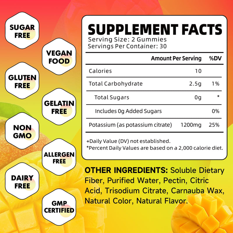 Potassium Citrate Gummies, High Potassium Supplement Gummies 1200mg Support Leg Cramps & Muscle Health, Potassium Gummies for Adults & Kids, Vegan, Mango Flavor 120 Count 120 Count (Pack of 1) - BeesActive Australia