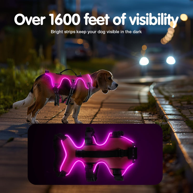 Jewyow Luminous Dog Harness, Rechargeable LED Dog Harness, LED Harness for Dogs with Soft Handle, 3 Adjustable Modes, Waterproof for Medium, Large Dogs, Pink-L Pink L - BeesActive Australia