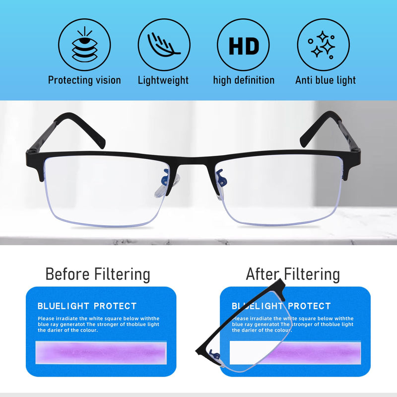 3-Pack Reading Glasses for Men, Lightweight Metal Half Frame Blue Light Blocking Computer Readers,Filter UV Ray/Computer Glare with Spring Hinge Eyeglasses(3PCS Black,+2.0) 3 Pack（black） 2.0 x - BeesActive Australia