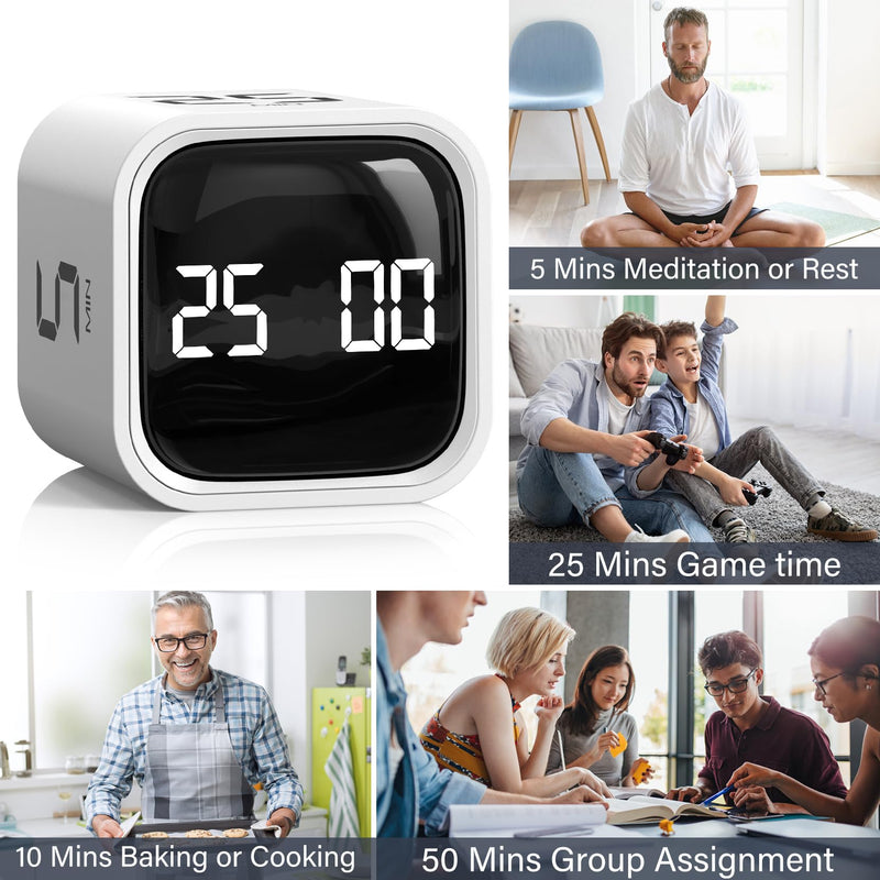 Rotating Pomodoro Timer 5, 25, 10 50 Minutes Preset, Desk Productivity Flip Timer, Cube Countdown Stopwatch for ADHD, Vibration/High/Low Volume, for Work, Study, Back to School, Kitchen, 2 White 2 Pack White