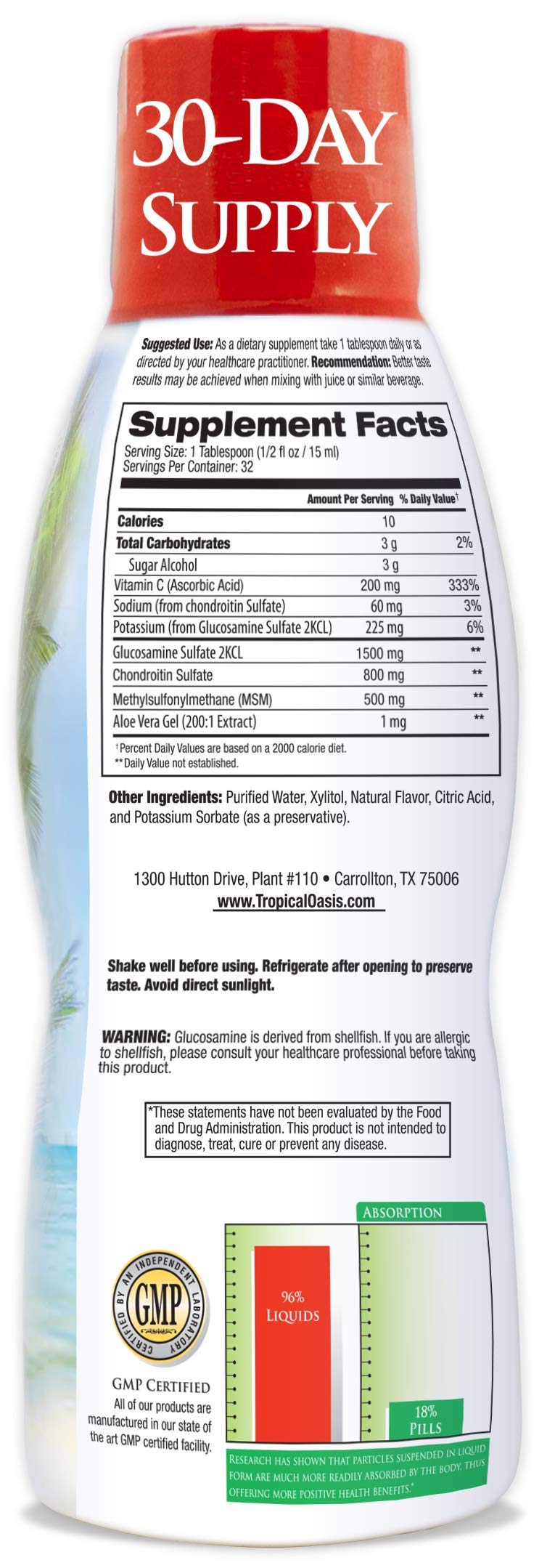 Tropical Oasis–Premium Liquid Glucosamine Chondroitin & MSM- Liquid Joint Support Formula 1500mg Glucosamine, 800mg Chondroitin, & 500mg MSM - 16 Fl Oz Tropical 16 Fl Oz (Pack of 1)