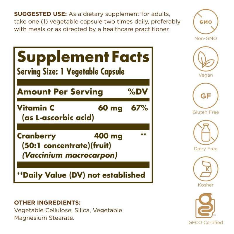 Solgar Cranberry with Vitamin C - 60 Vegetable Capsules - Supports Urinary & Bladder Health - Non-GMO, Vegan, Kosher, Gluten Free - 60 Servings 60 Count (Pack of 1)