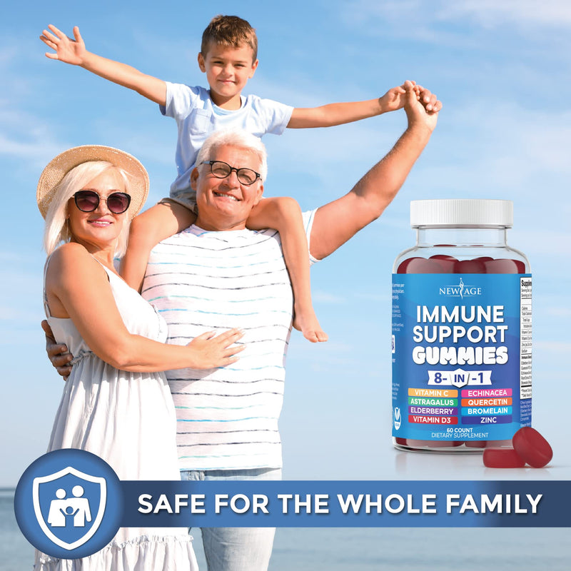 NEW AGE 8 in 1 Immune Support Booster Supplement with Elderberry, Vitamin C and Zinc 50mg, Vitamin D 5000 IU, Quercetin & Bromelain (8 in 1 Gummies (Pack of 1)) 60 Gummies (Pack of 1)