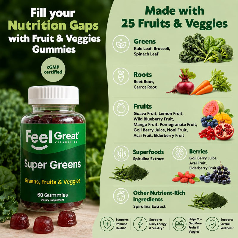 Feel Great Super Greens Gummies for Adults, Spirulina & Spinach Blend, 60ct | Spirulina, Chlorella, Spinach, Kale & Elderberry Blend, Watermelon Flavor, Immune Support for Adults