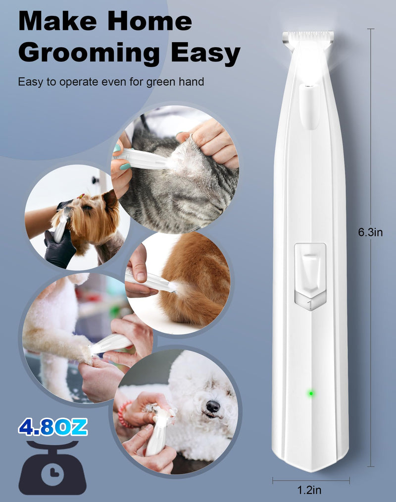 Dog Paw Trimmer for Grooming, Cordless Electric Dog Clippers with LED Light, Rechargeable Low Noise Small Pet Shaver for Trimming Cat's Hair Around Eyes, Faces, Ears, Paws, Rump(White) White - BeesActive Australia