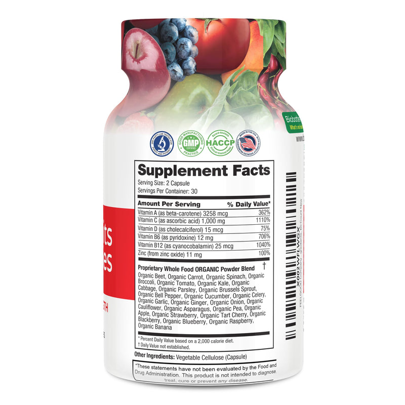 FEEL GOOD Superfoods 1000mg Immune Support Capsules Made with 25 Organic Fruits and Vegetables, Strong Immunity Boosters with Vitamins A, C, D3, and Zinc, 60 Count Vita Extra Strength - 60 Count