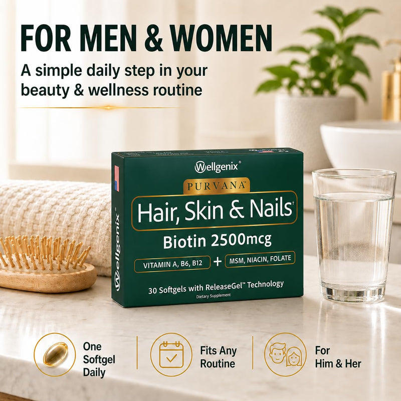 Wellgenix Purvana Hair Skin and Nails Supplement – 2500mcg Biotin Softgels with MSM & B-Complex – Daily Beauty Support for Stronger Nails & Hair Vitality – 30 Softgels | MSM, alpha lipoic acid & grape seed softgels for thicker-looking hair, stronger-lo...