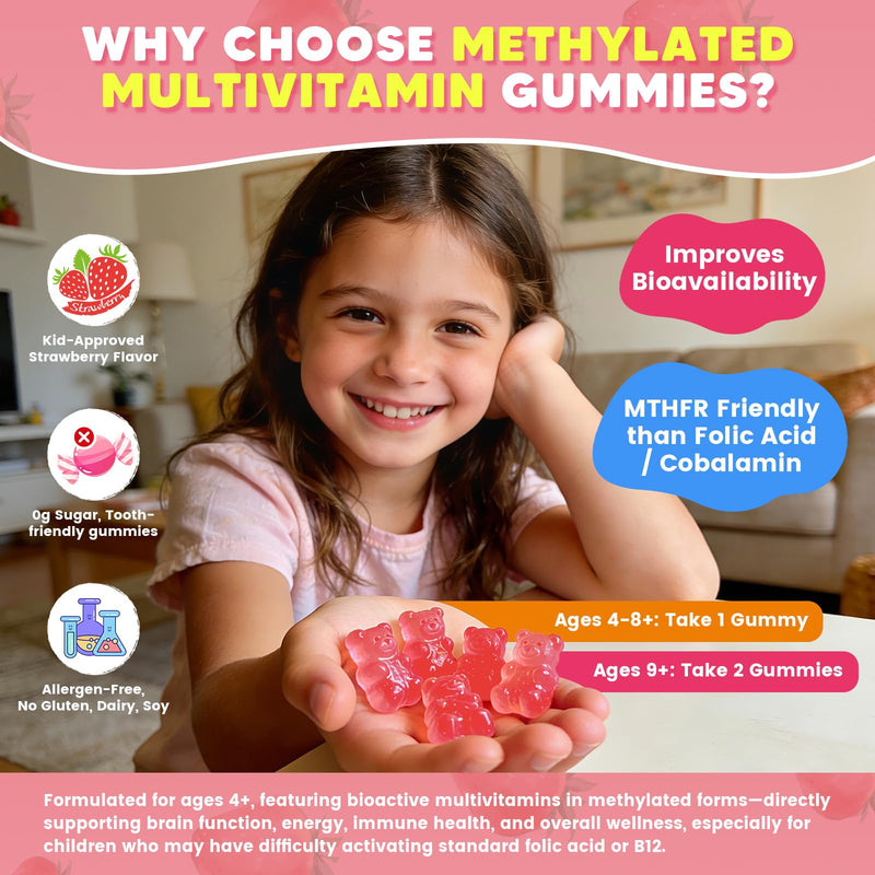 Kids Methylated Multivitamin Gummies with Omega 3, 16 Vitamins, Sugar Free | Multivitamin for Kids & Teens 4+ w/L Methylfolate & B12, Calcium, Probiotics, Elderberry, for Healthy Growth, Immune Support 60 Count (Pack of 1)