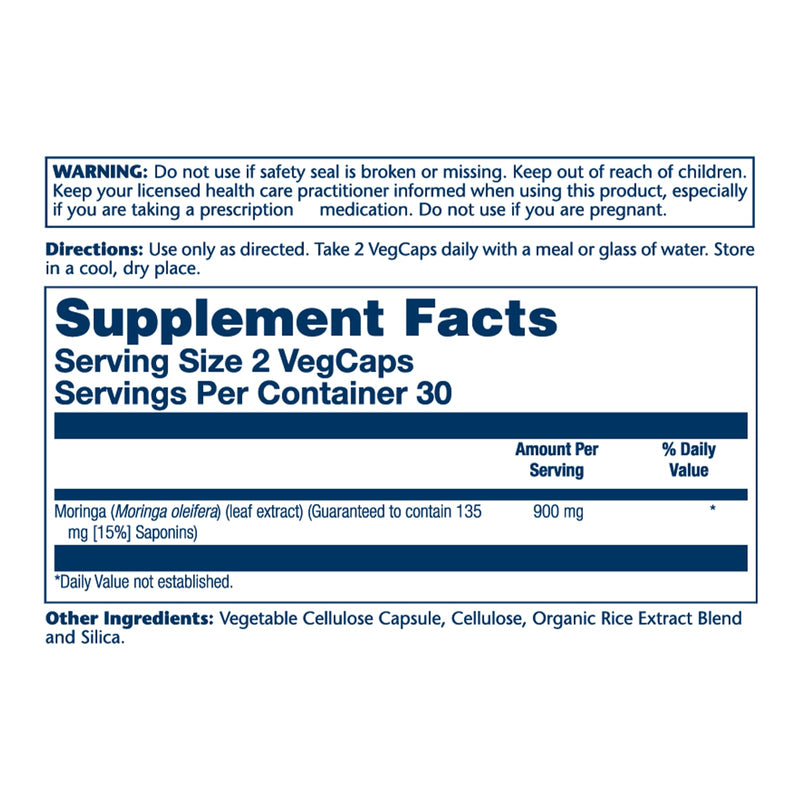 SOLARAY Moringa Capsules 900 mg - Moringa Supplement with 135 mg Saponins - Herbal Support w/Naturally Occurring Vitamins, Minerals, Amino Acids, Vegan, 60-Day Guarantee, 30 Serv, 60 VegCaps